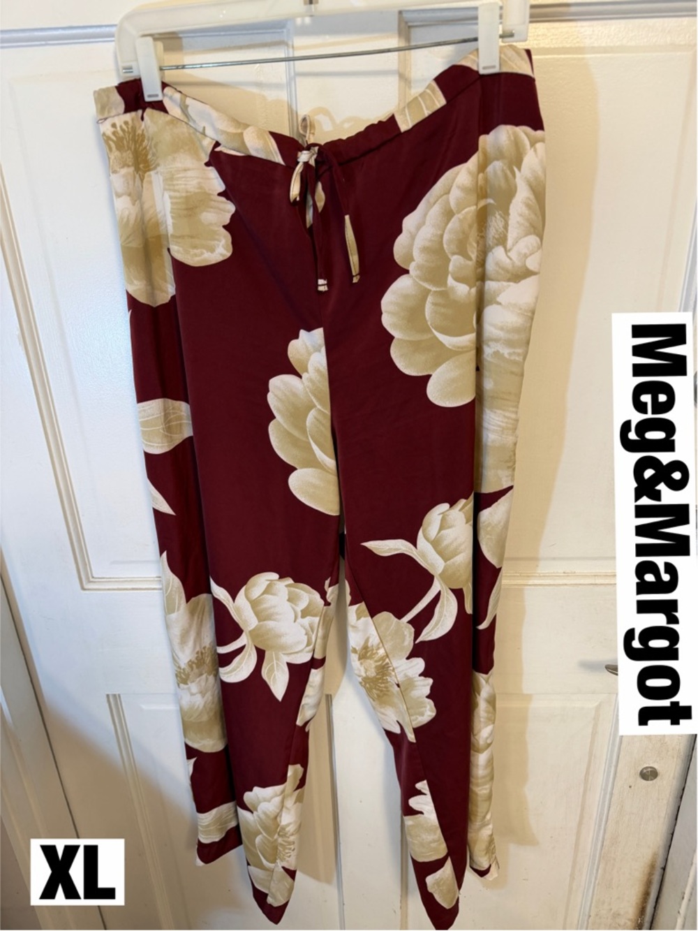 XL Women's Floral Maroon Drawstring Silky Pants